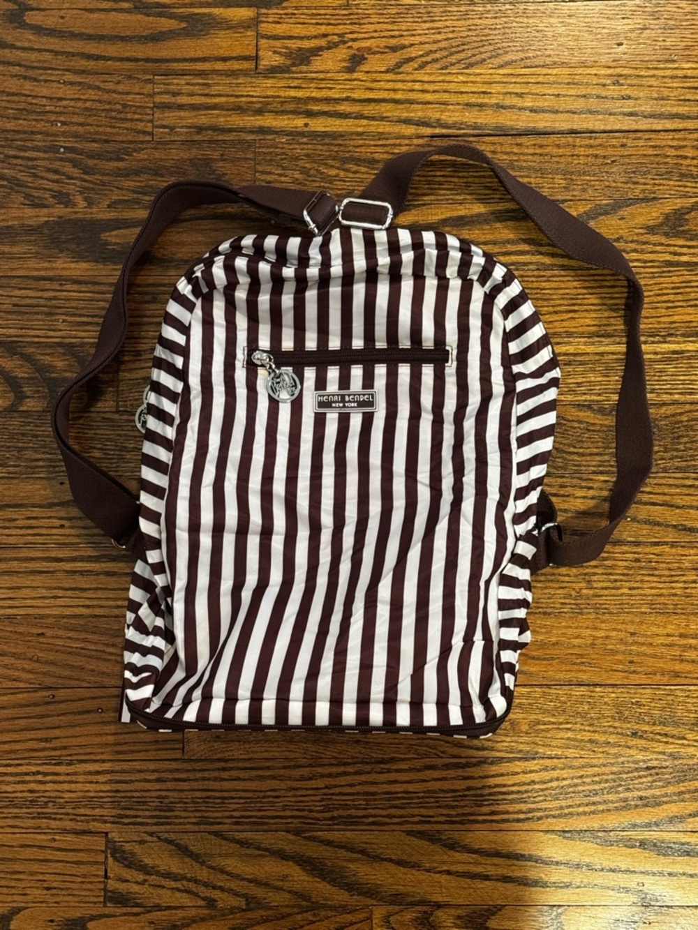 NWT! Packable Travel Henri Bendel Brown and White Striped Zip-Around Backpack